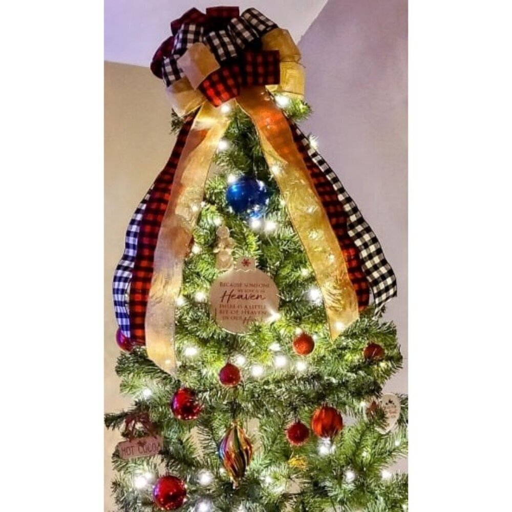 Large Buffalo Plaid Tree Topper Bow Red Black Burlap